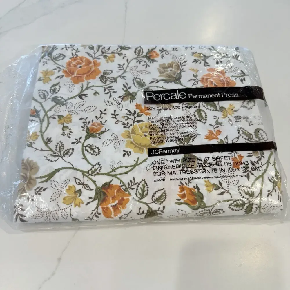 Vintage No Iron Twin Flat Sheet JCPenney Percale Floral Brown Orange White NEW